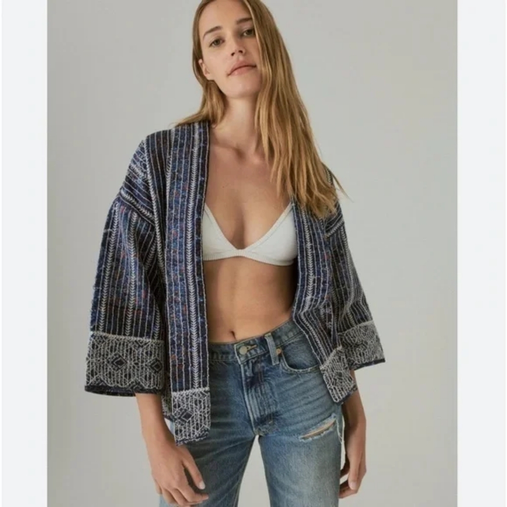 Lucky Brands Quilted Blue and White Patterned Wrapped Kimono Jacket XS/S